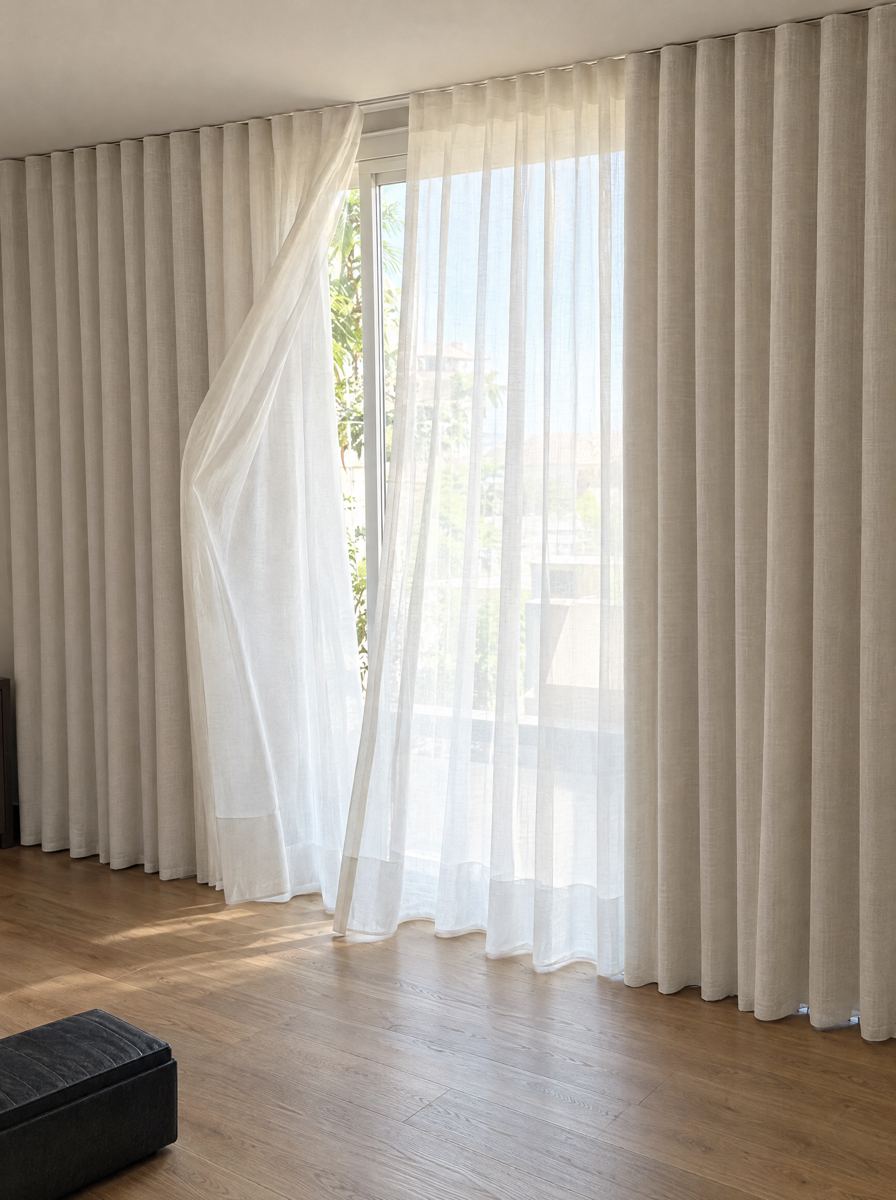 Cortina wave em linho bege com voil branco filtrando a luz